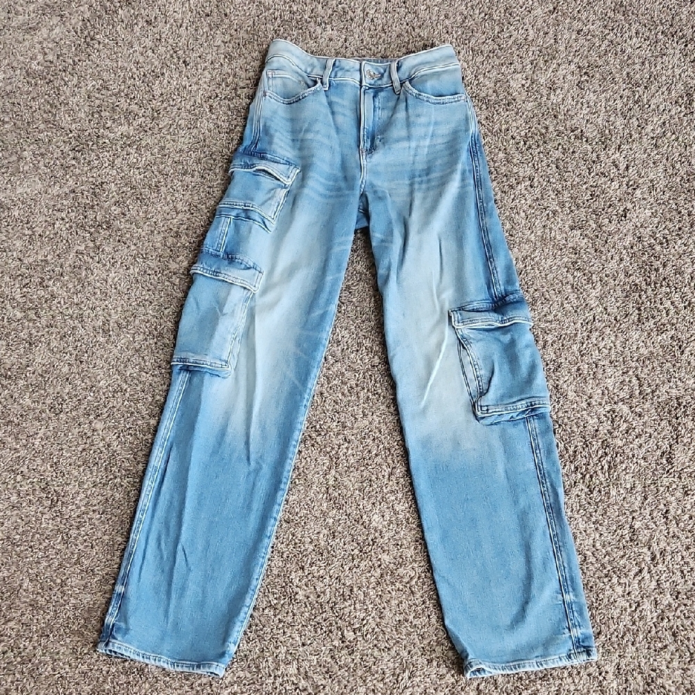 Express Light Blue Straight Leg Cargo Jeans